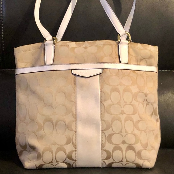 Coach Signature Stripe Khaki Fabric with Leather Trim Tote - Picture 2 of 11